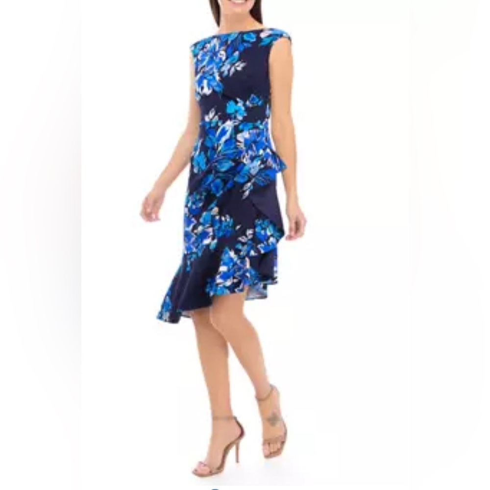 Eliza J - Boat Neck Cascade Ruffle Sheath Dress Sleeveless Blue Floral   6   NWT